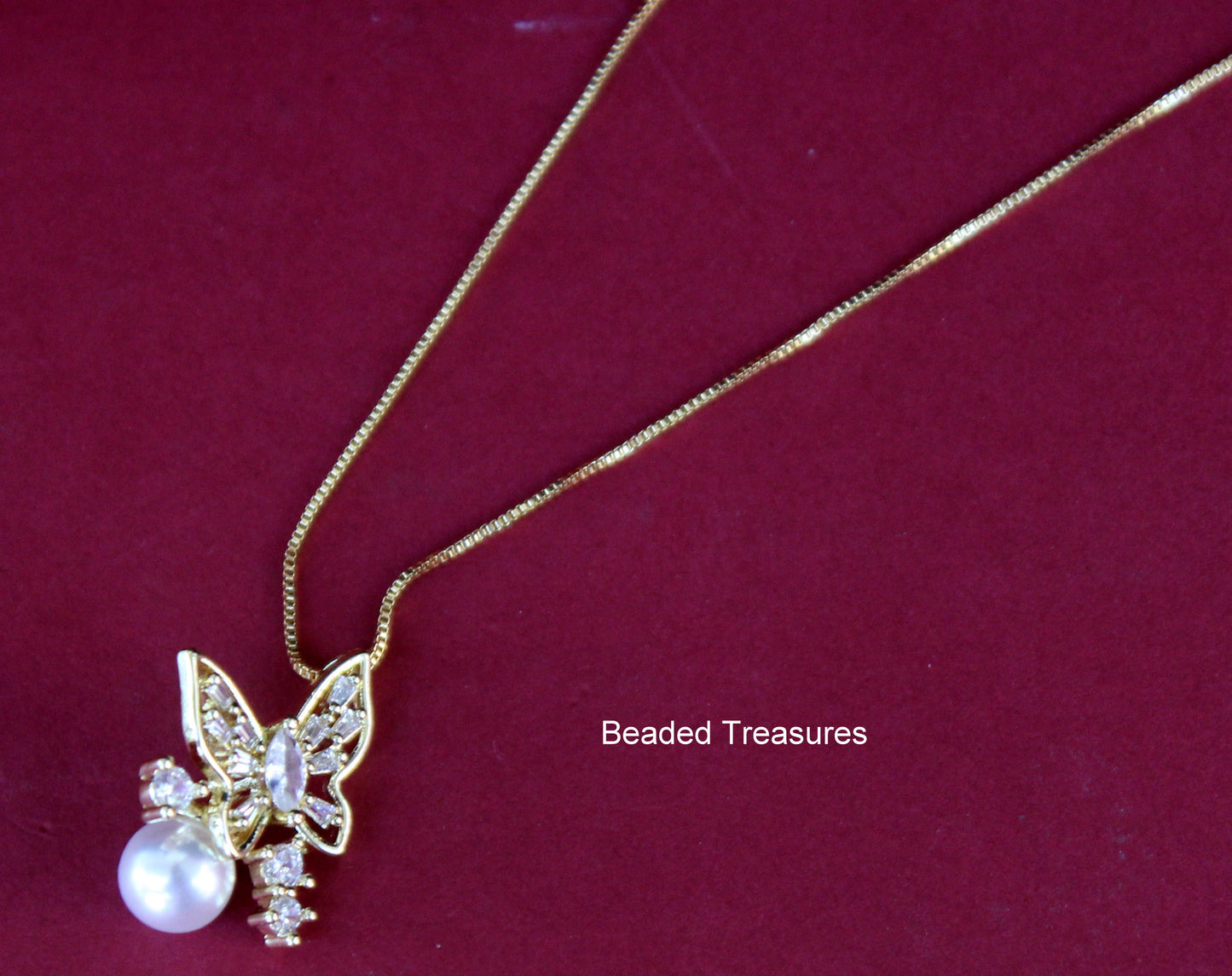 Gold-Toned Butterfly Pendant Necklace with Pearl - Beaded Treasures