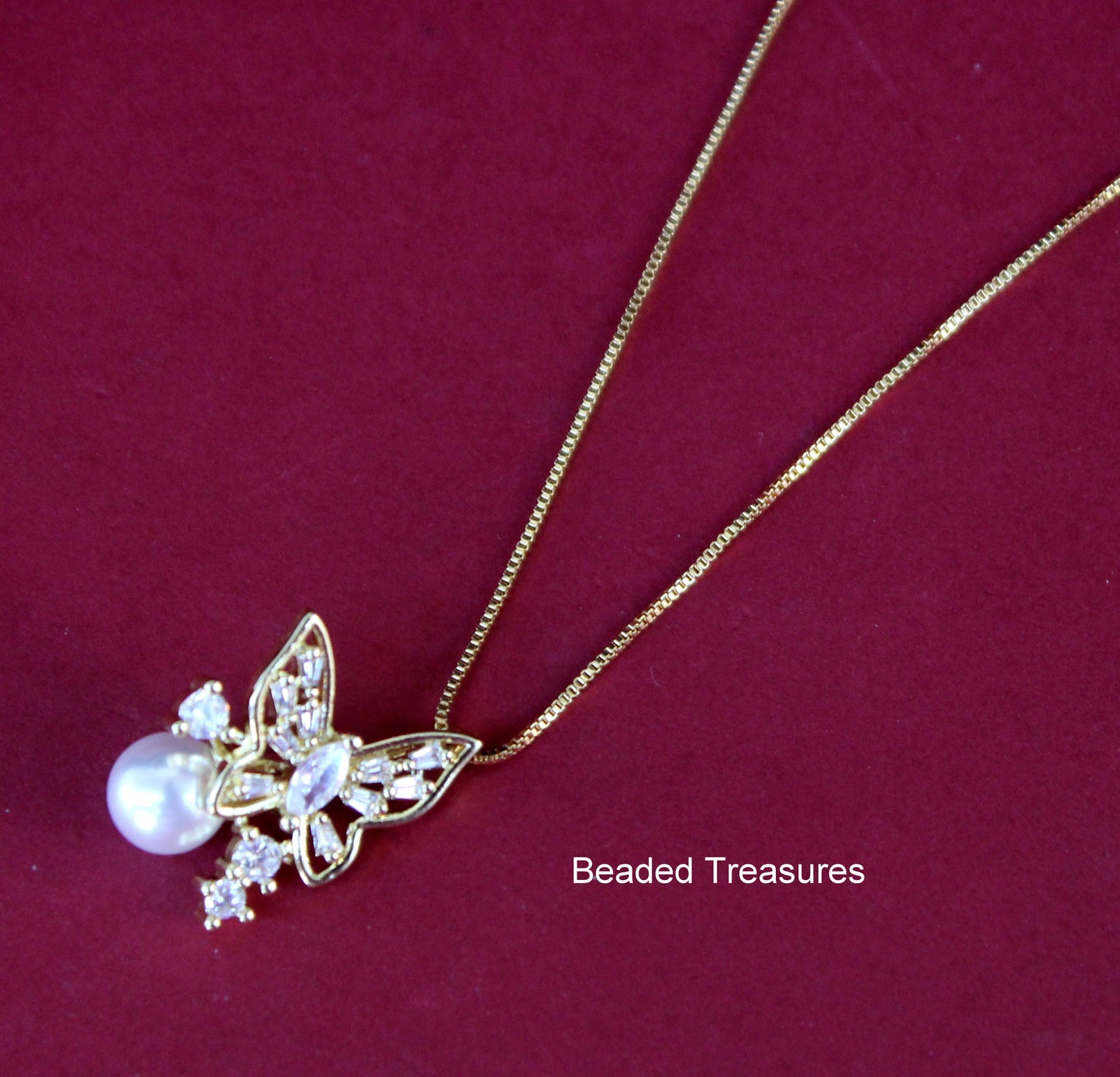 Gold-Toned Butterfly Pendant Necklace with Pearl - Beaded Treasures