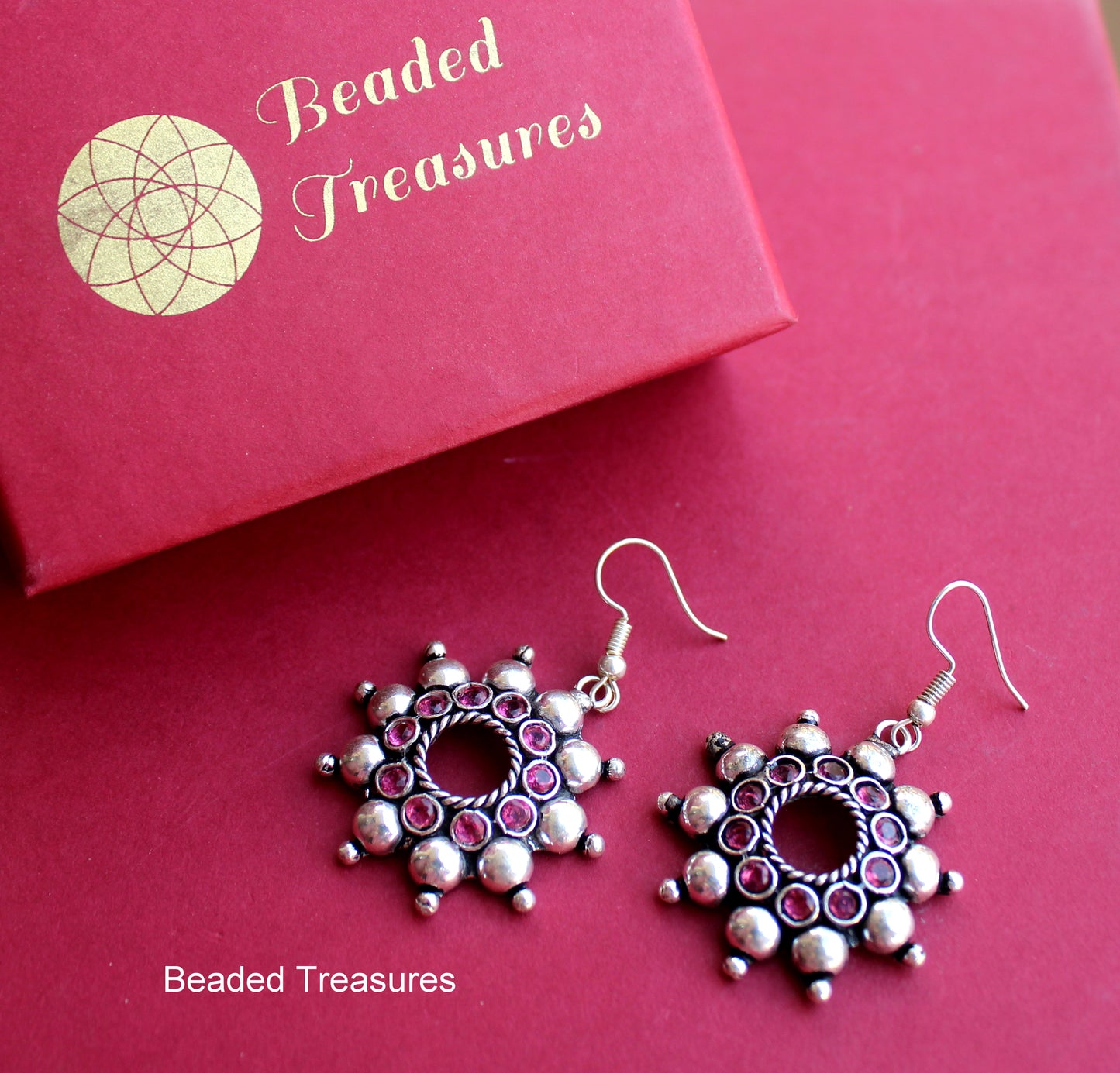 Oxidized Silver Dangler Earrings with Red Stones - Beaded Treasures