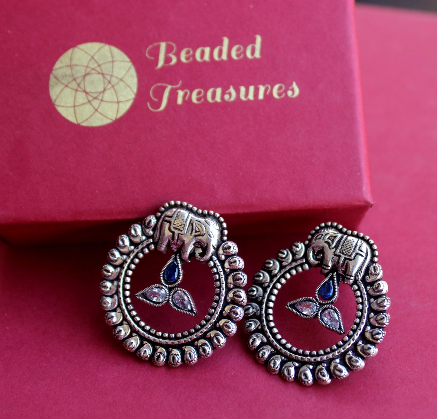 Oxidized Silver Elephant Stud Earrings with Stone Accents - Beaded Treasures
