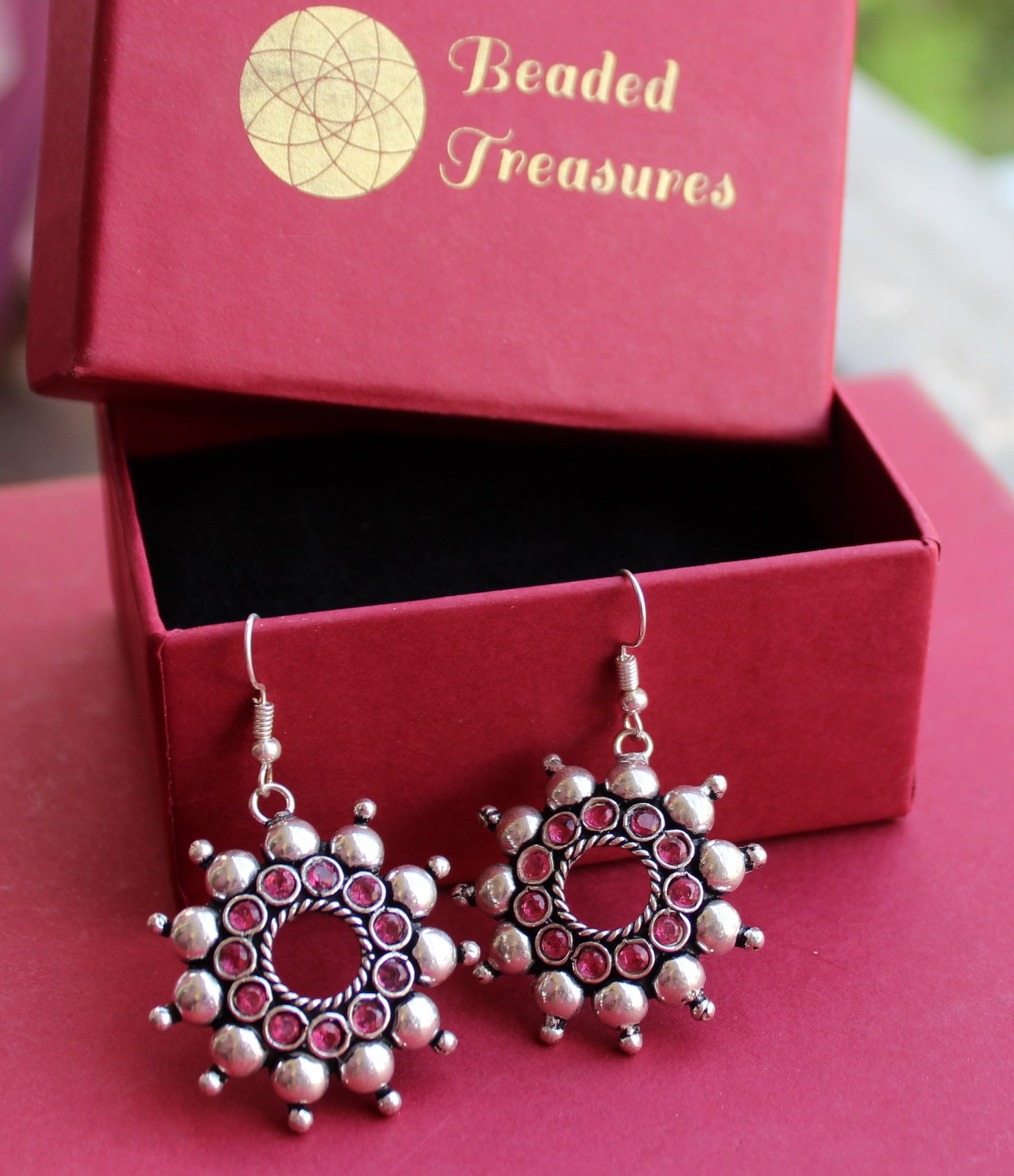 Oxidized Silver Dangler Earrings with Red Stones - Beaded Treasures
