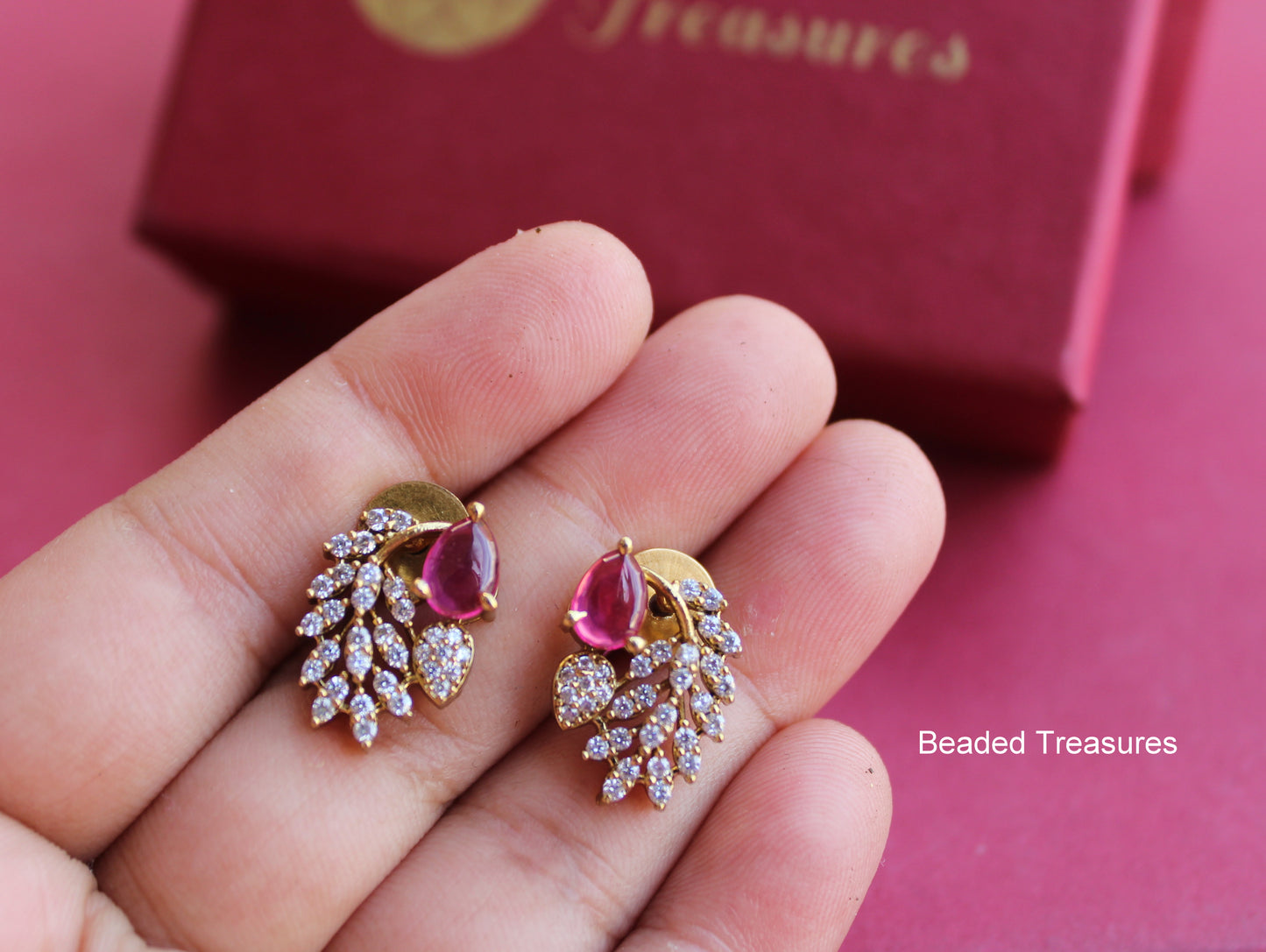 Gold-Toned Zirconia Stud Earrings with Pink Stones - Beaded Treasures