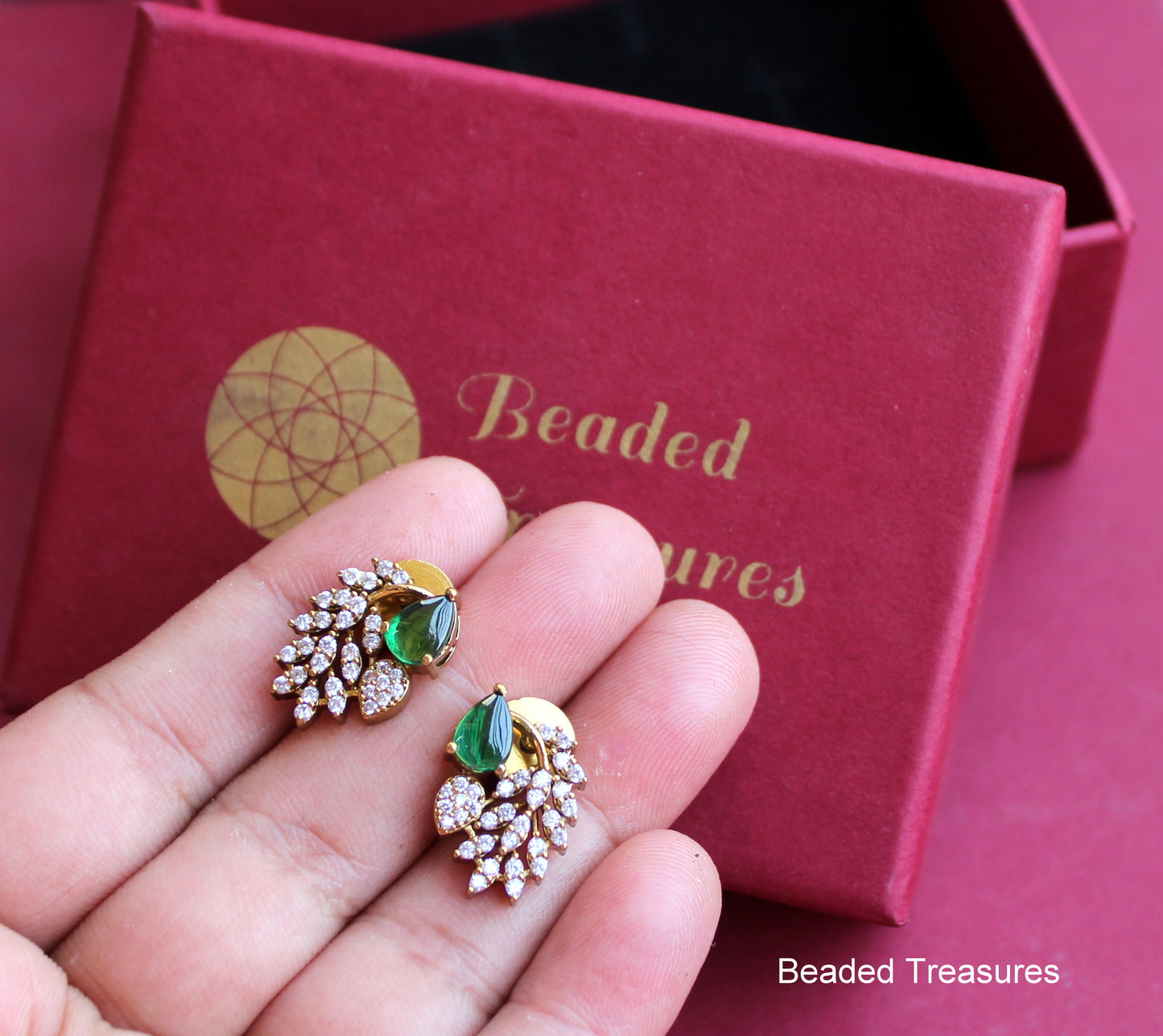 Gold-Toned Zirconia Stud Earrings with Green Stones - Beaded Treasures