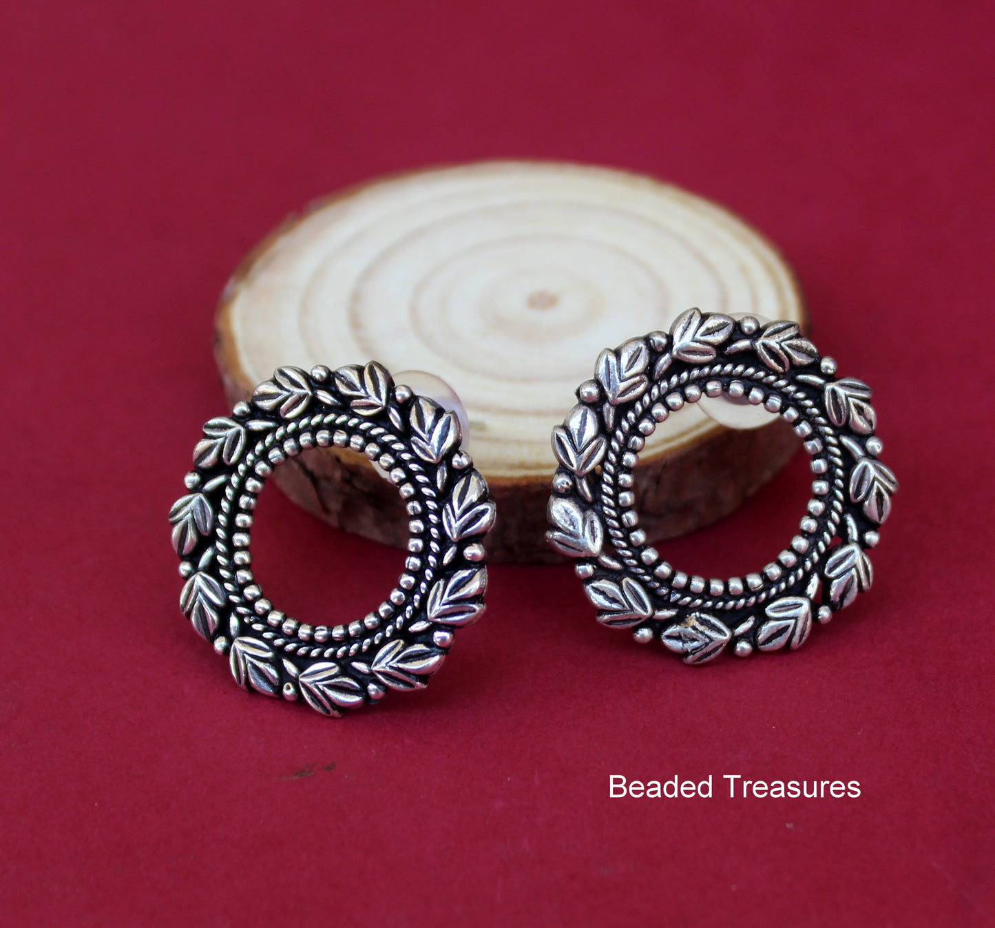 Oxidized Silver Style Floral Circle Stud Earrings - Beaded Treasures
