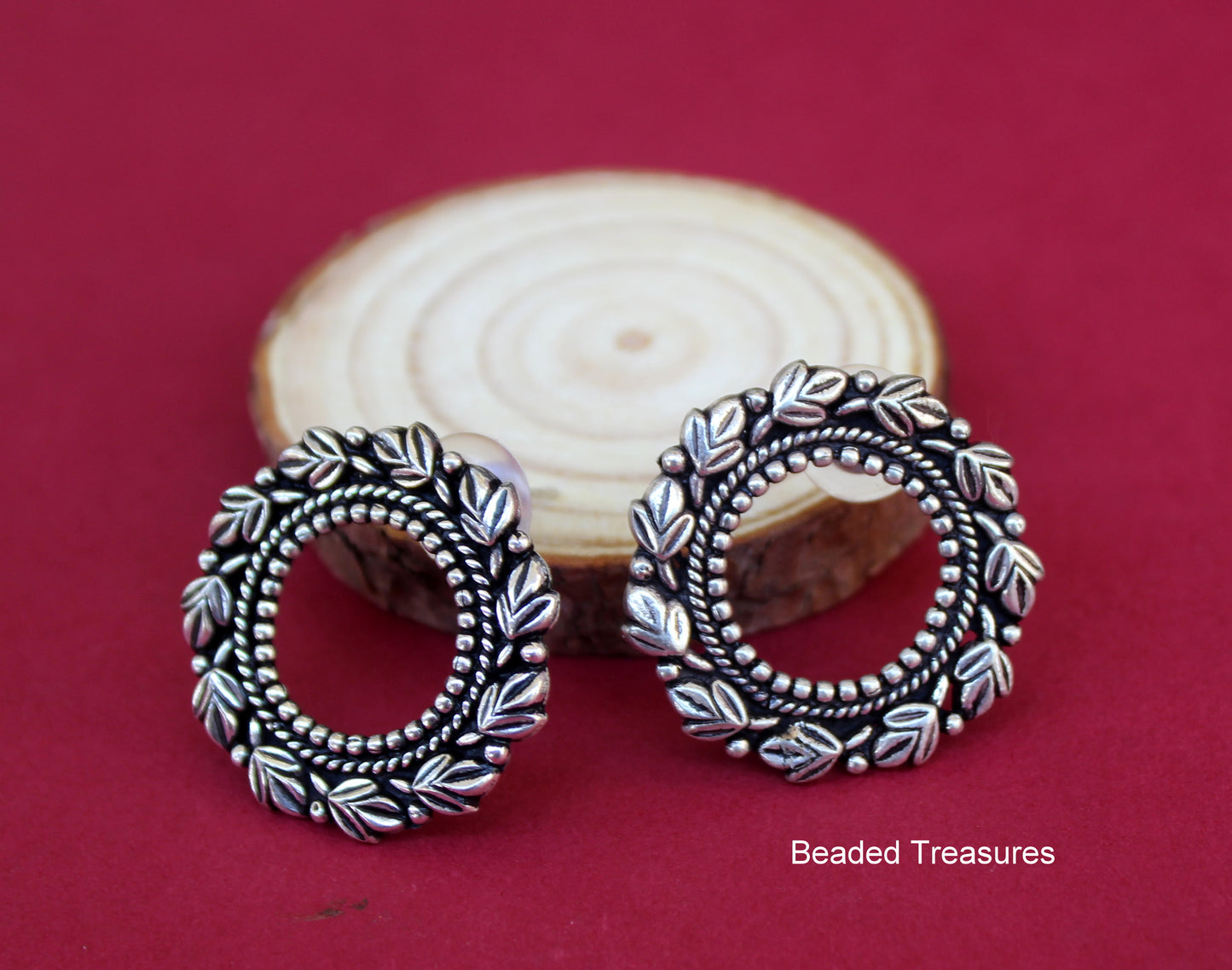 Oxidized Silver Style Floral Circle Stud Earrings - Beaded Treasures