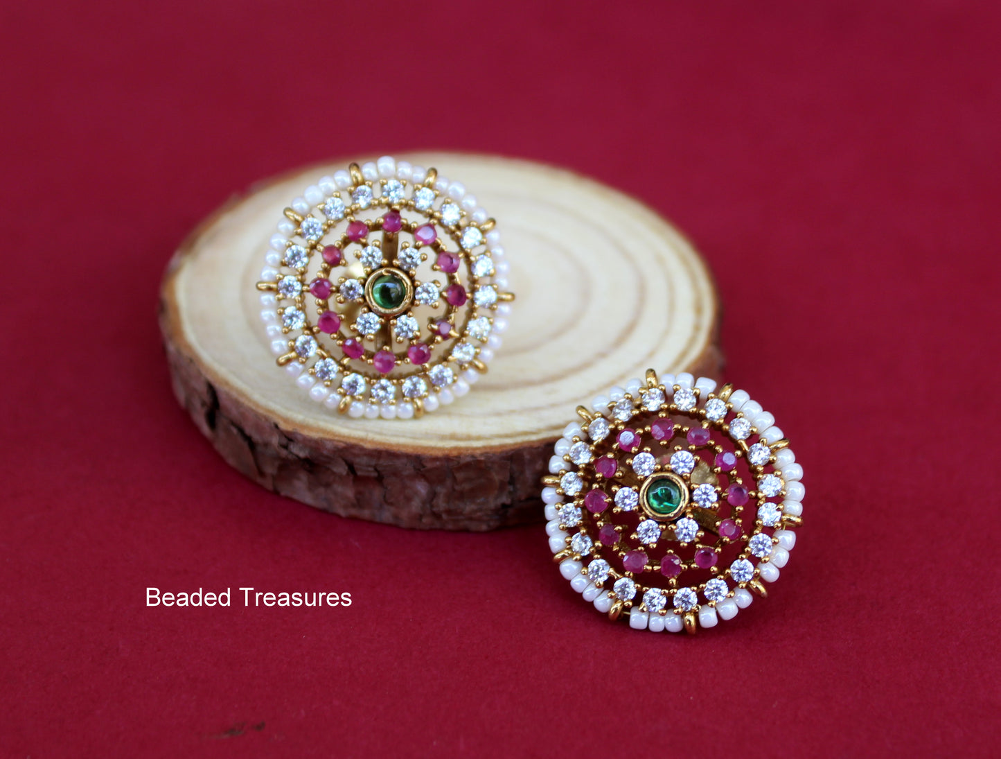 Gold-Toned Stud Earrings with Ruby, Emerald, CZ & Pearls - Beaded Treasures