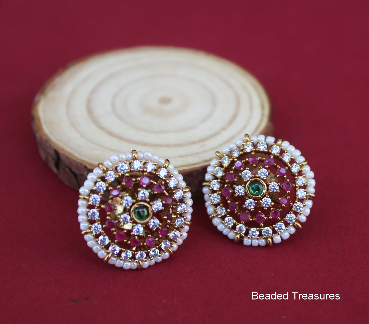 Gold-Toned Stud Earrings with Ruby, Emerald, CZ & Pearls - Beaded Treasures