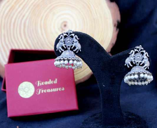 Oxidized Silver Elephant Jhumka Earrings with Pearl Drops - Beaded Treasures