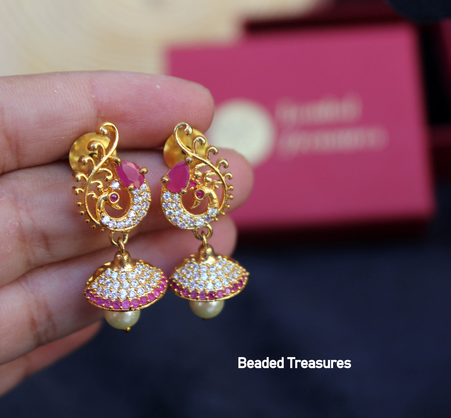 Peacock Design AD CZ Stone Jhumka Earrings - Beaded Treasures