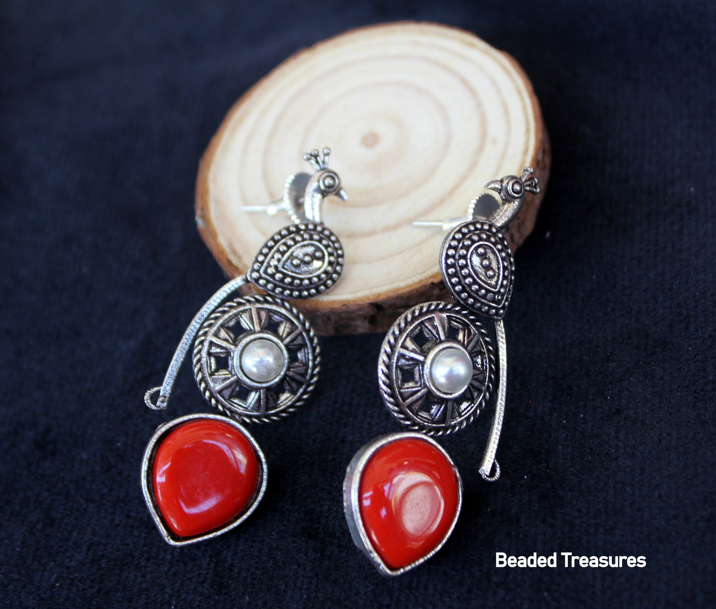Oxidized Silver Peacock Dangle Earrings with Red Coral - Beaded Treasures