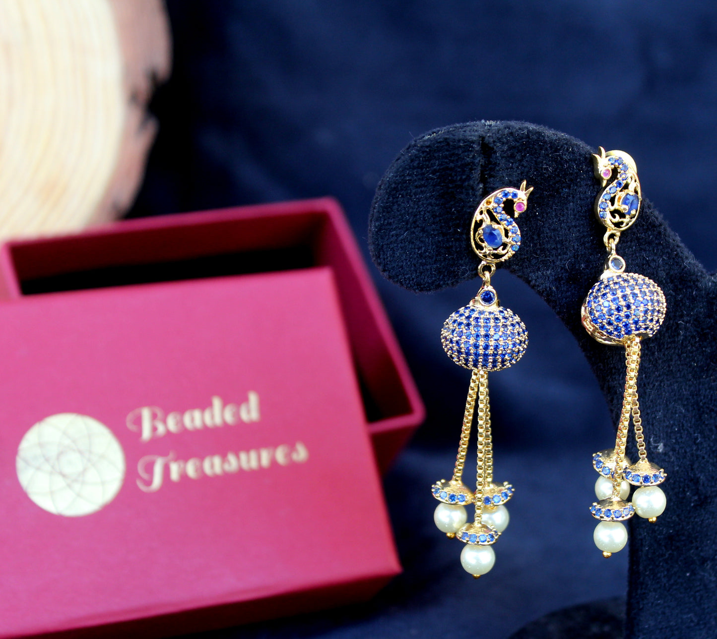 Gold-Toned Peacock Design CZ Ball Earrings with Pearl Drops - Beaded Treasures