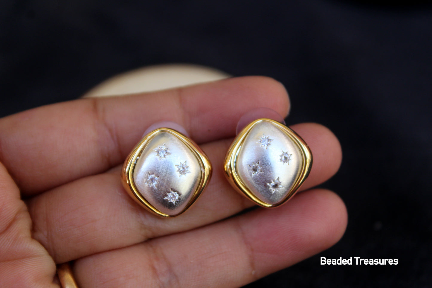 Rhombus Mother of Pearl Stud Earrings with CZ Accents - Beaded Treasures