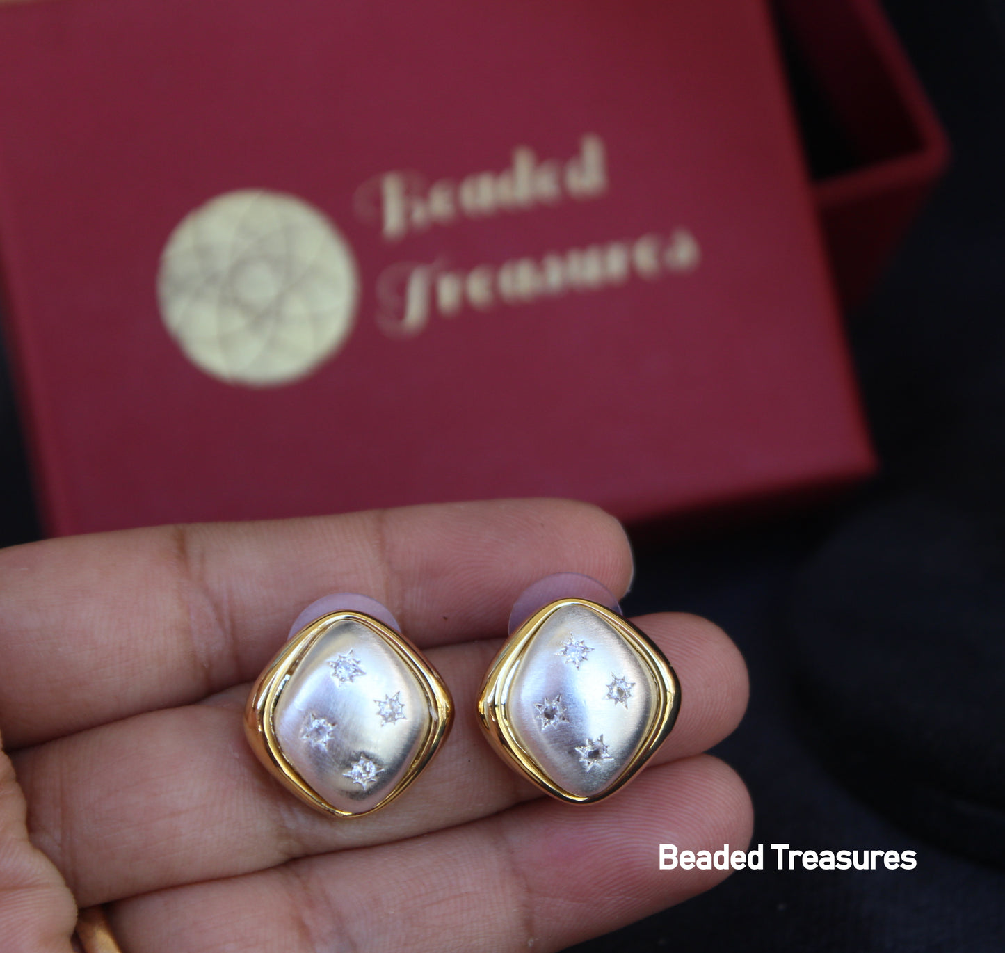 Rhombus Mother of Pearl Stud Earrings with CZ Accents - Beaded Treasures