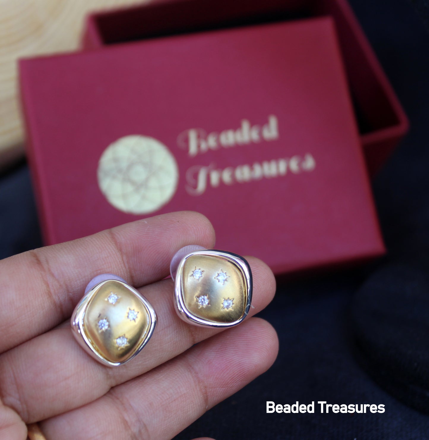 Square Mother of Pearl Stud Earrings with CZ Accents - Beaded Treasures