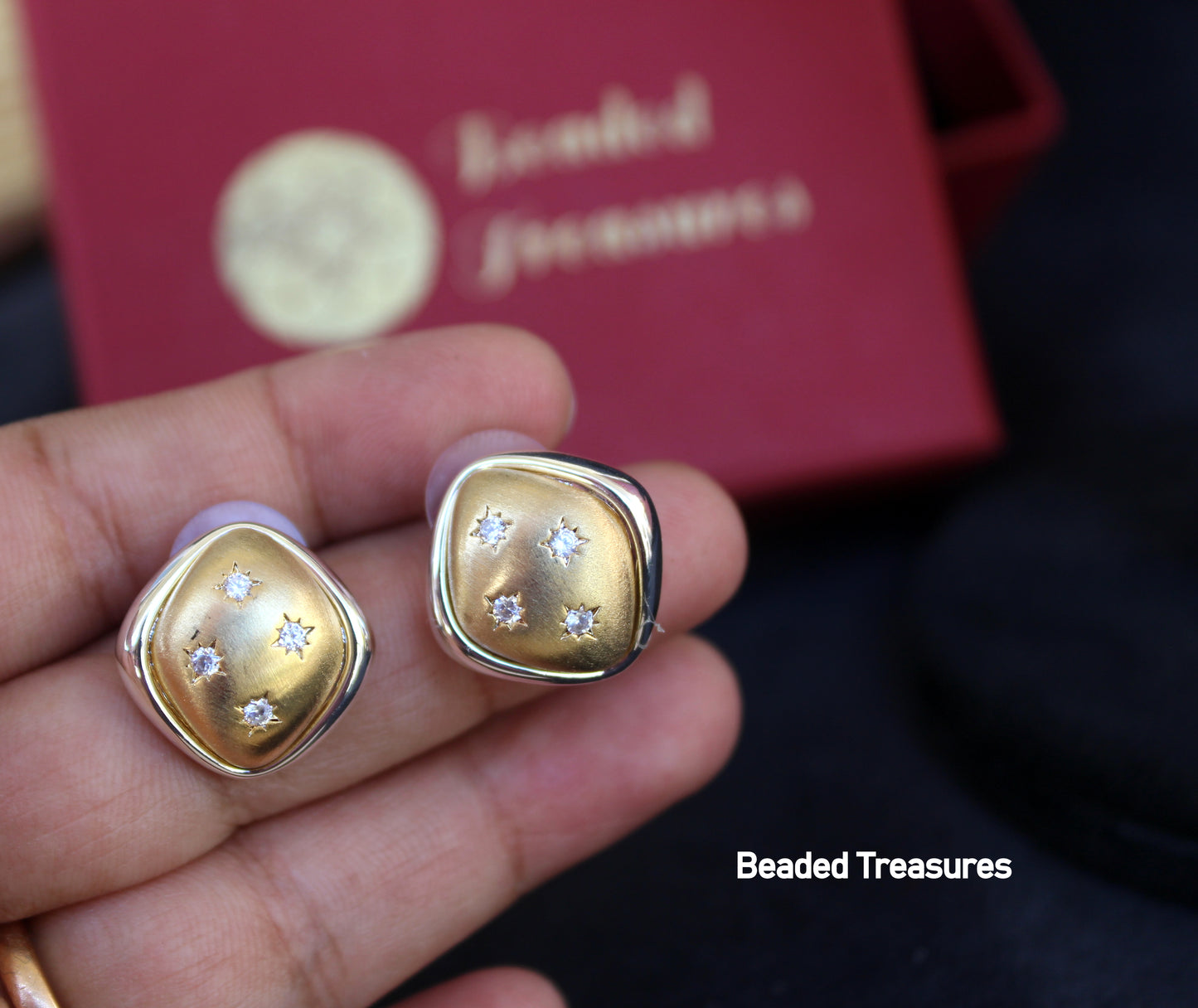 Square Mother of Pearl Stud Earrings with CZ Accents - Beaded Treasures