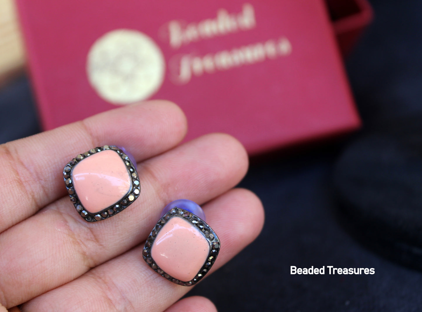 Square Peach Stone Stud Earrings with Dark Stone Accents - Beaded Treasures