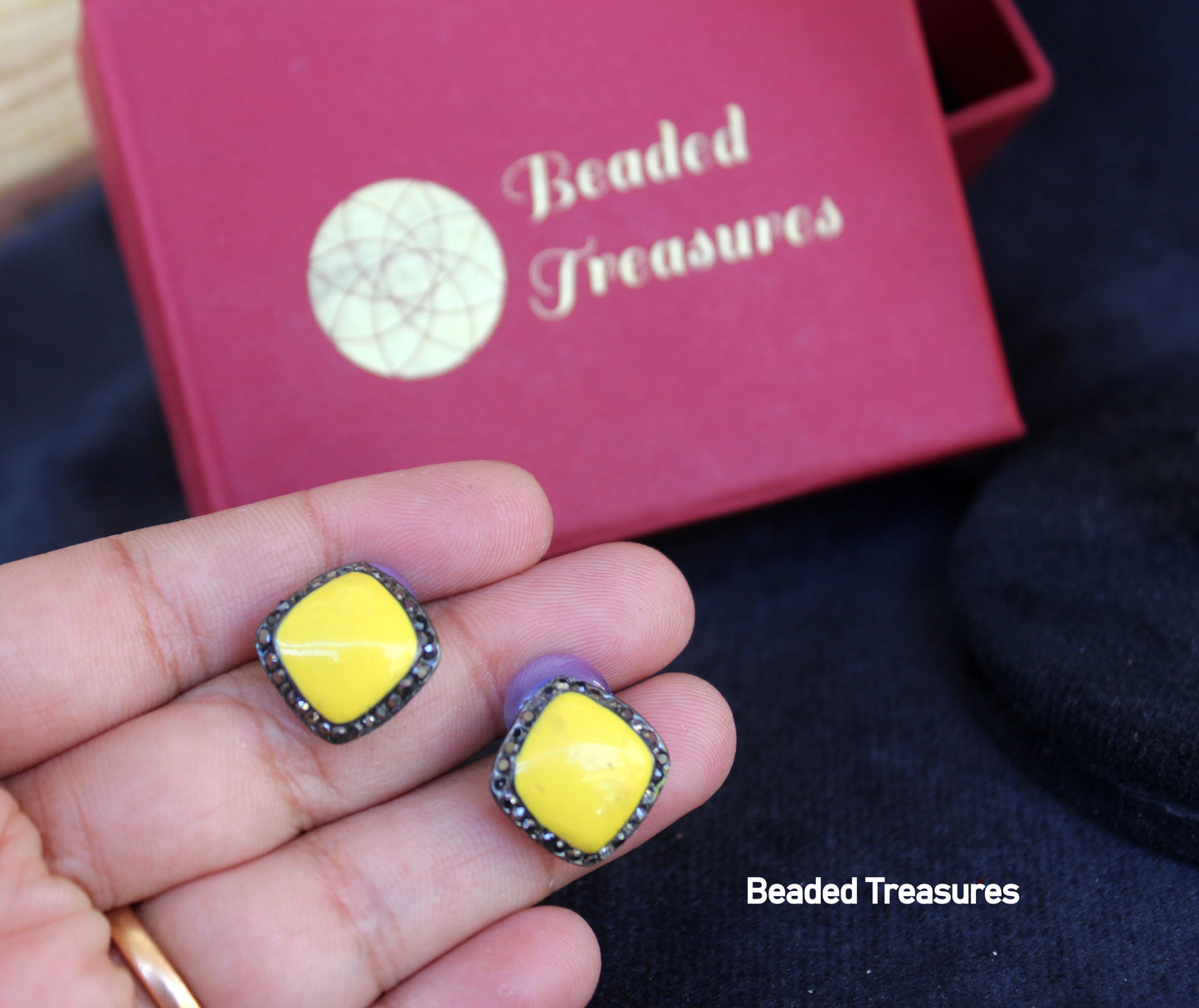 Square Yellow Stone Stud Earrings with Dark Stone Accents - Beaded Treasures
