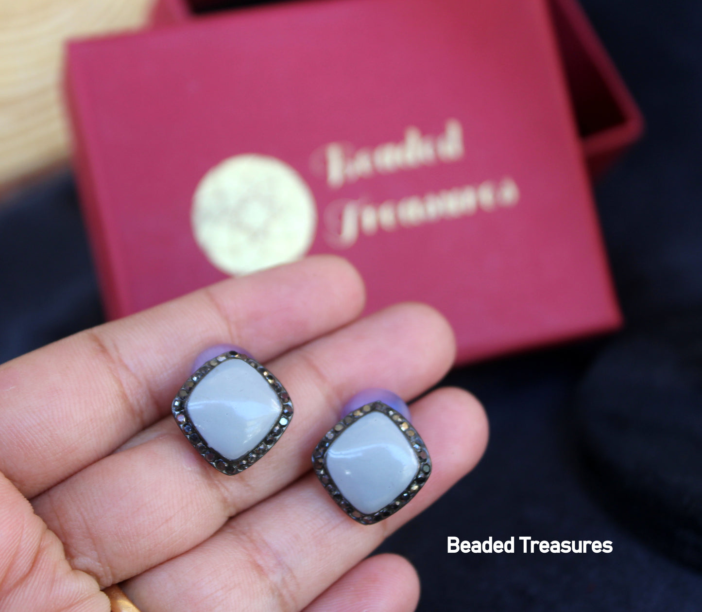Square Blue Stone Stud Earrings with Dark Stone Accents - Beaded Treasures