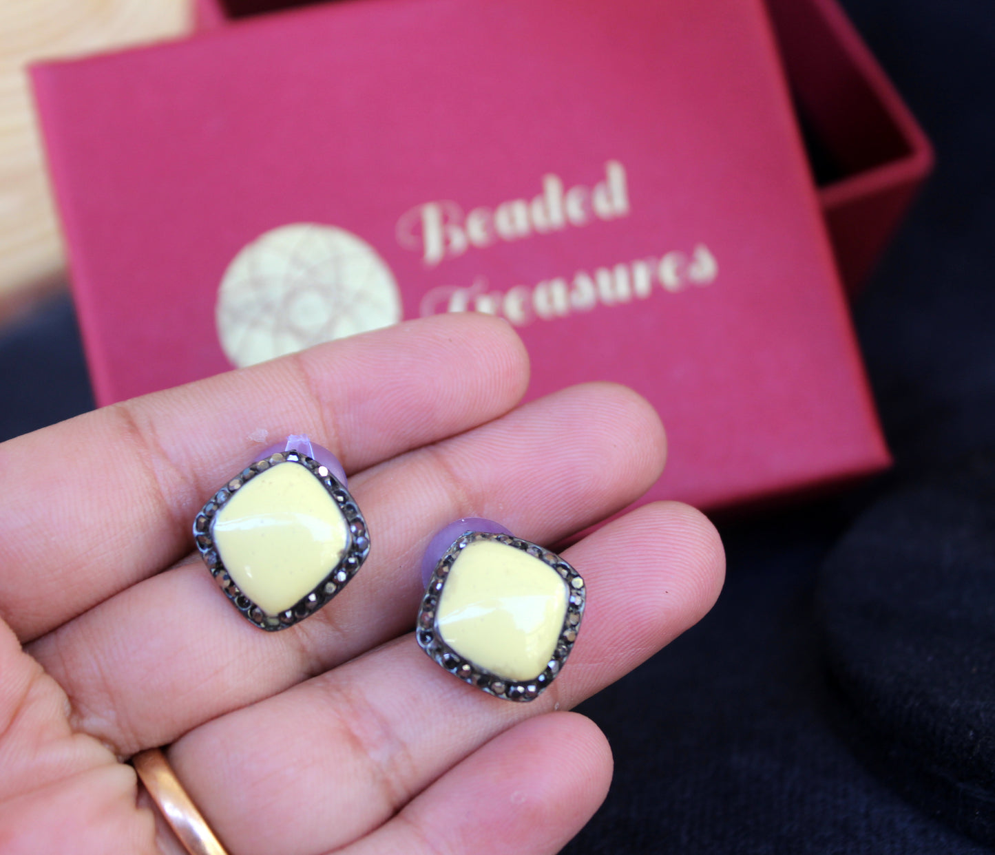 Rhombus Yellow Stone Stud Earrings with Dark Stone Accents - Beaded Treasures