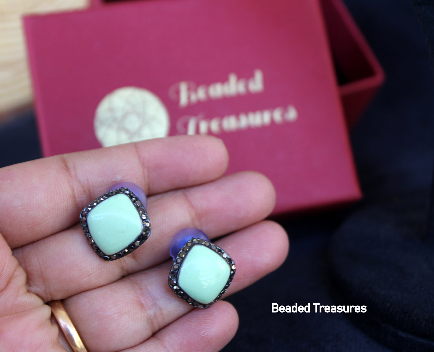 Square Mint Green Stone Stud Earrings with Dark Stone Accents - Beaded Treasures