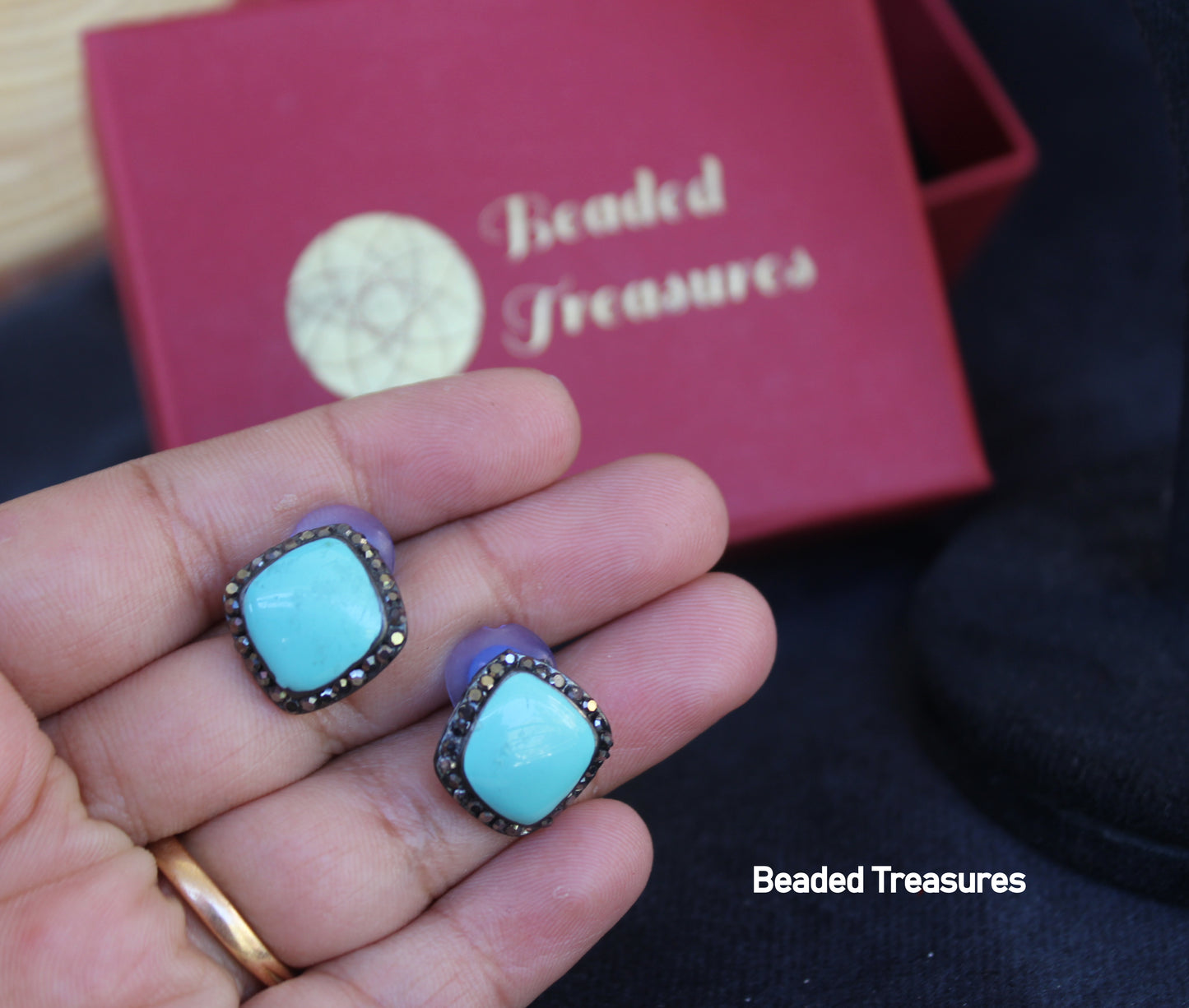 Square Turquoise Stone Stud Earrings with Dark Stone Accents - Beaded Treasures