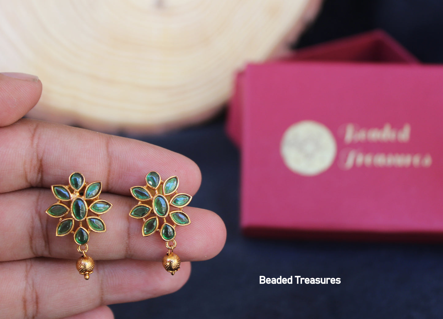 Gold Plated Green Stone Floral Stud Earrings - Beaded Treasures