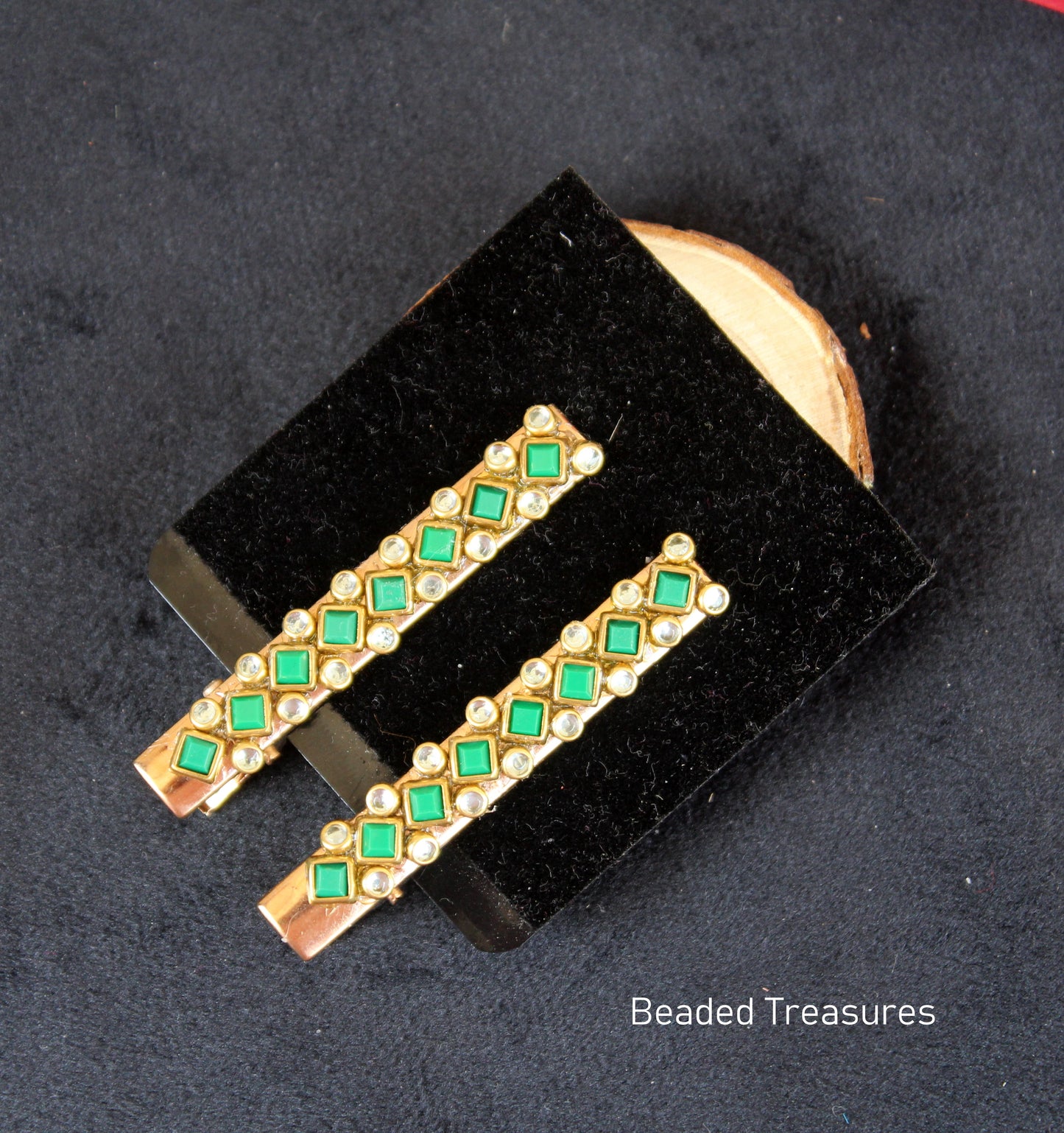 Green Stone Hair Clips (Pair) - Beaded Treasures