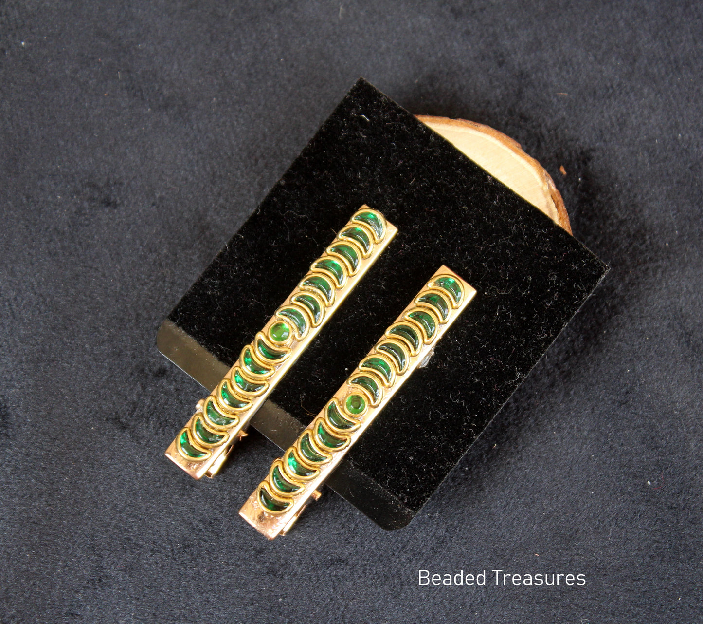 Green Stone Hair Clips with Moon Design (Pair) - Beaded Treasures