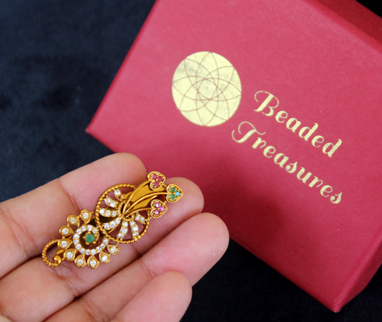 Antique Gold Saree Pin with Kemp & Green Stones - Beaded Treasures