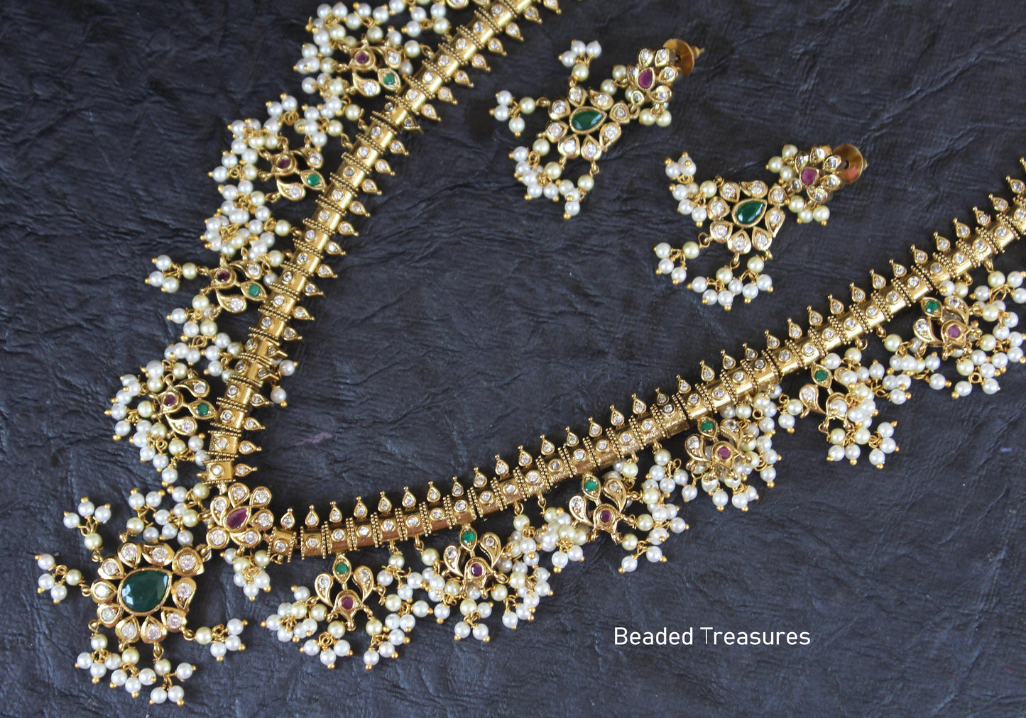 Elegant Guttapusalu Long Haram Necklace Set - Beaded Treasures