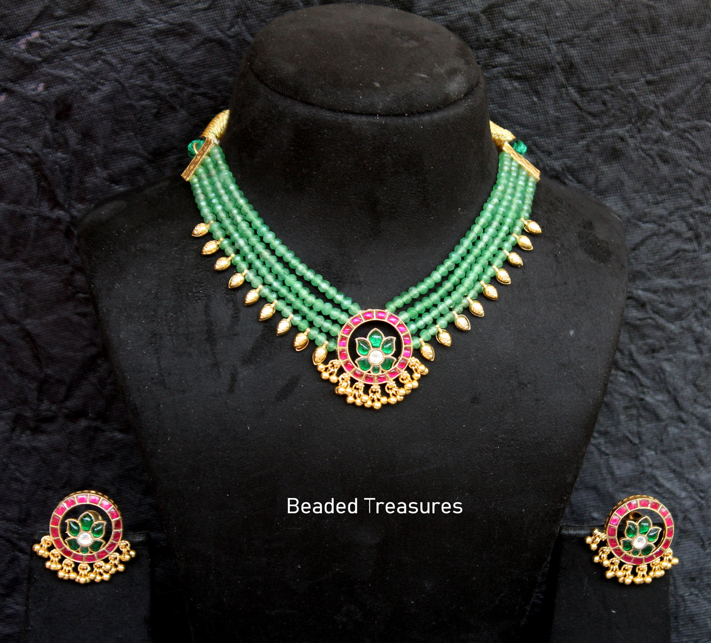 Elegant Uttara Necklace Set with Green Beads & Kemp Stones - Beaded Treasures