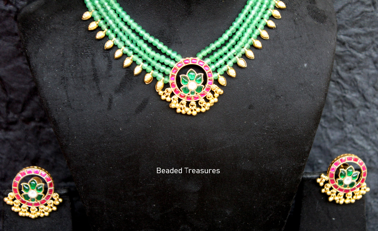 Elegant Uttara Necklace Set with Green Beads & Kemp Stones - Beaded Treasures