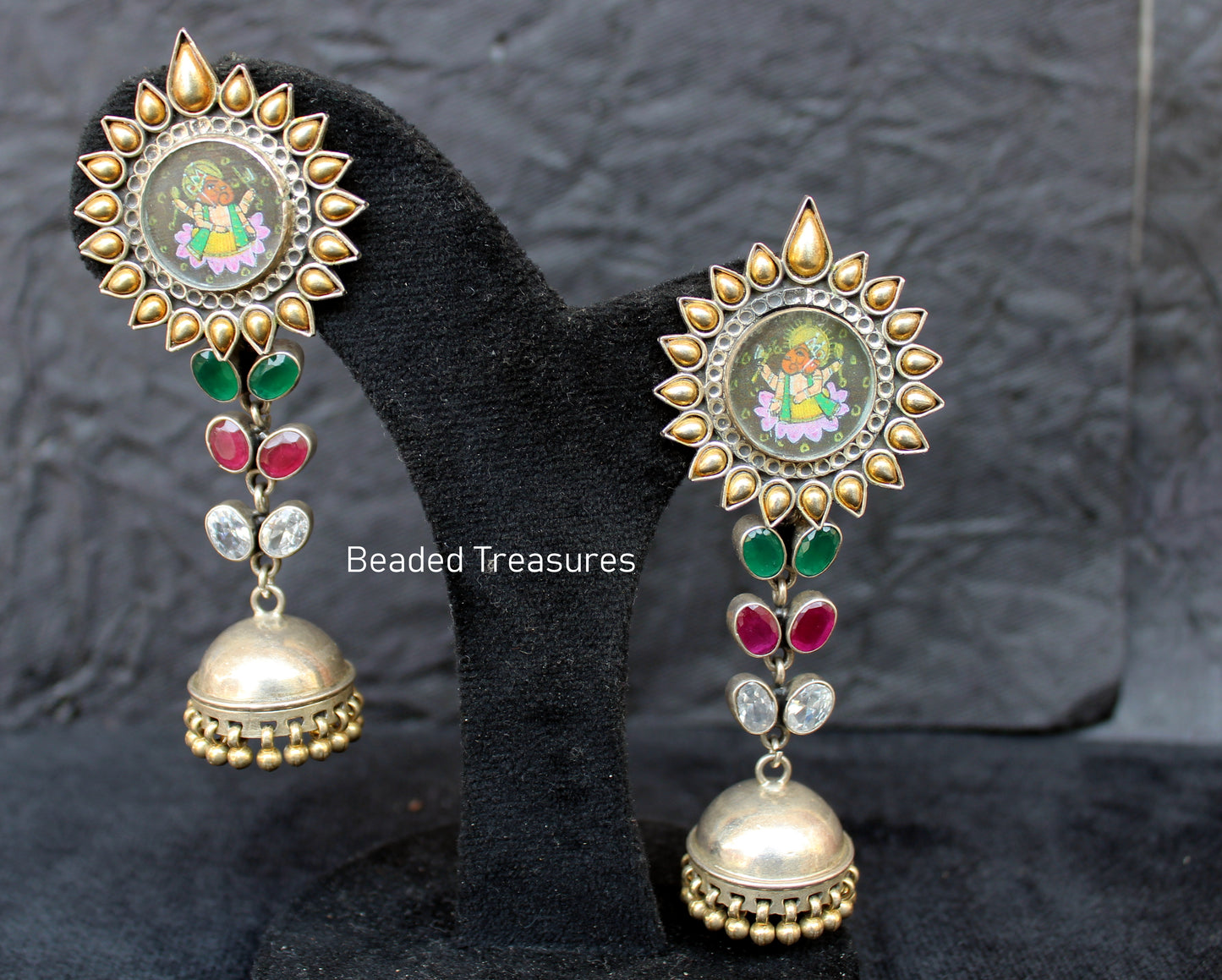 Silver Lord Ganesha Jhumka Earrings with Colorful Stones - Beaded Treasures