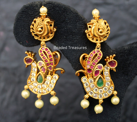 Antique Peacock Kemp Earrings with Pearl Drops - Beaded Treasures