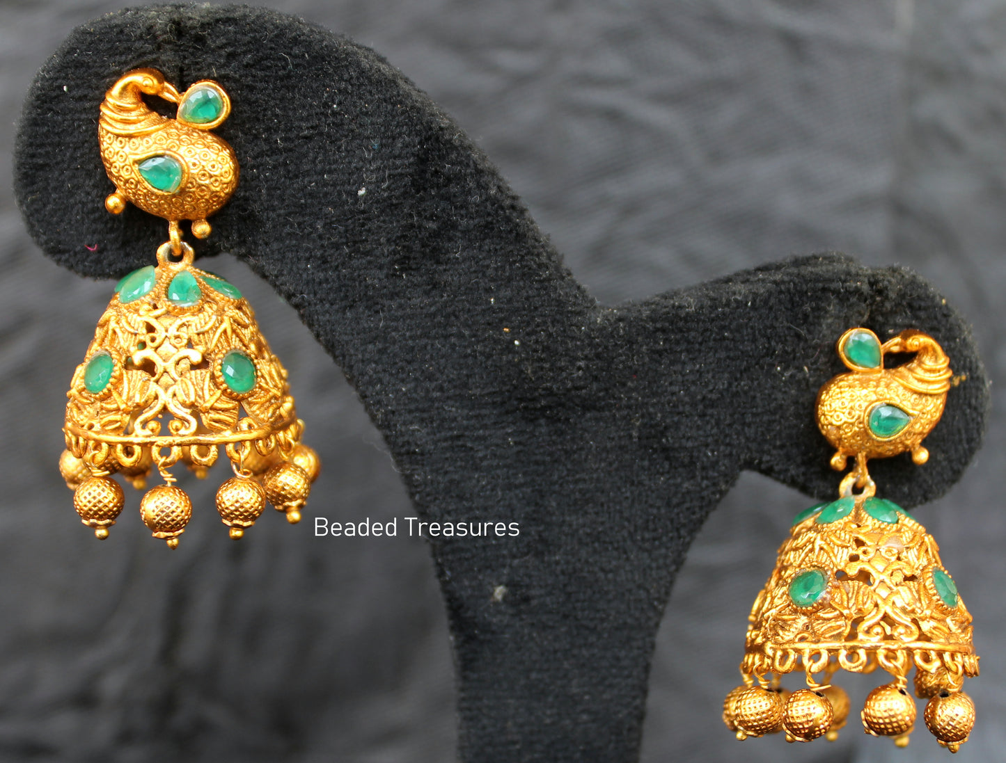 Matte Finish Green Lakshmi Coin Peacock Jhumka Earrings - Beaded Treasures
