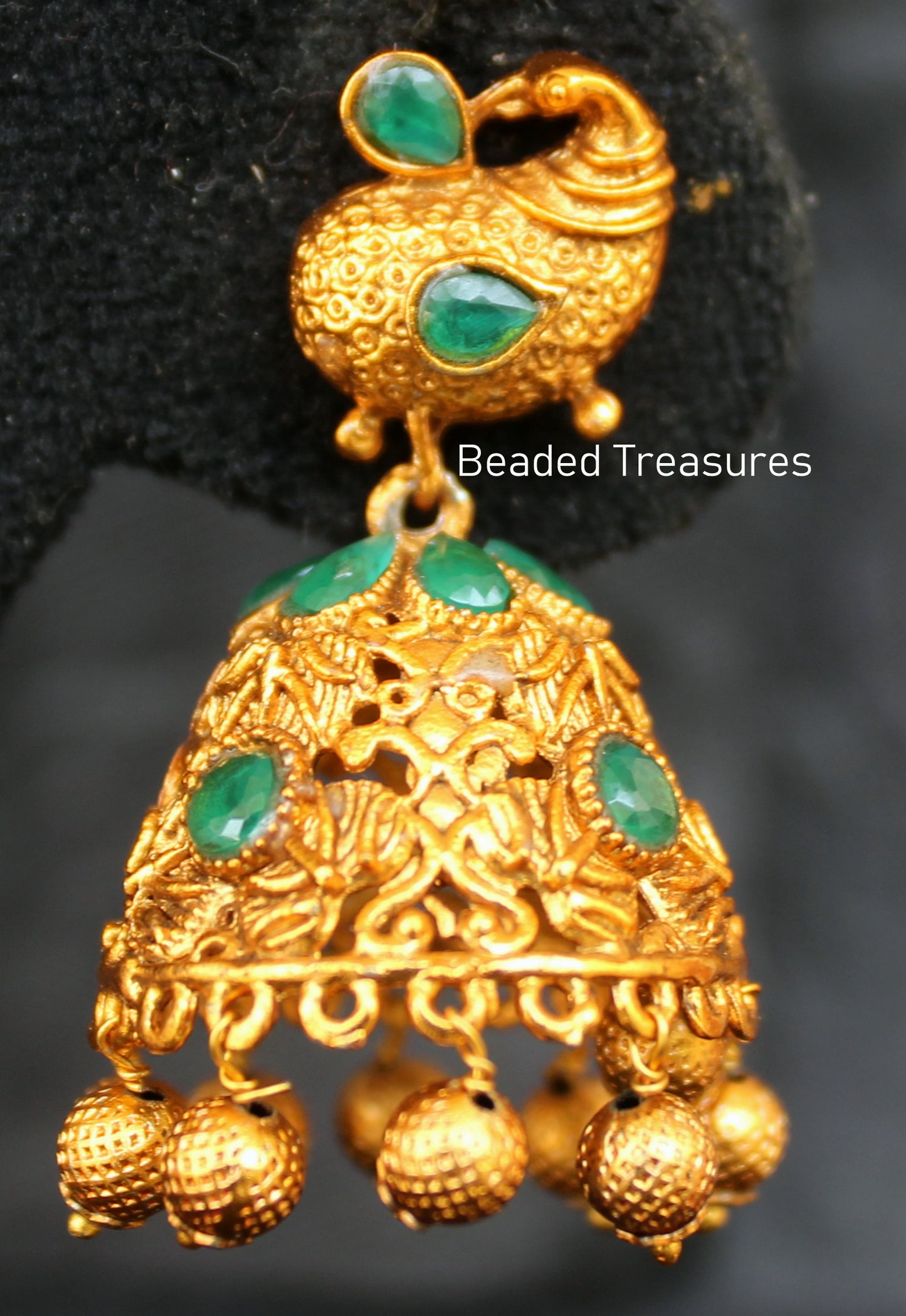Matte Finish Green Lakshmi Coin Peacock Jhumka Earrings - Beaded Treasures