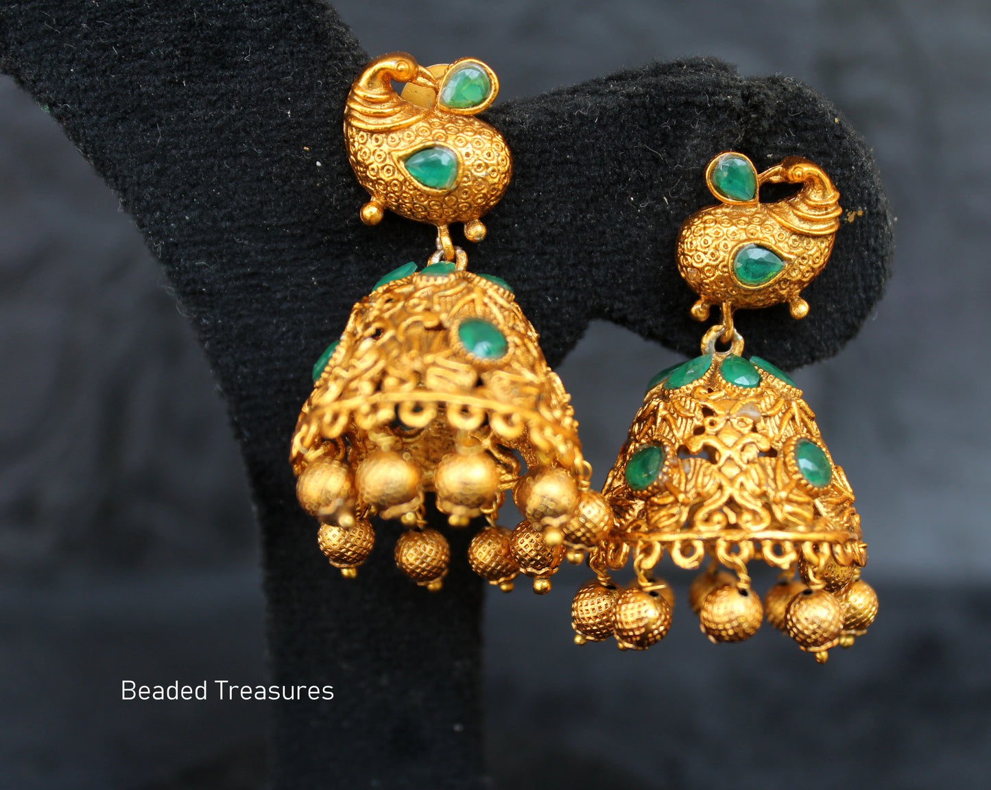Matte Finish Green Lakshmi Coin Peacock Jhumka Earrings - Beaded Treasures