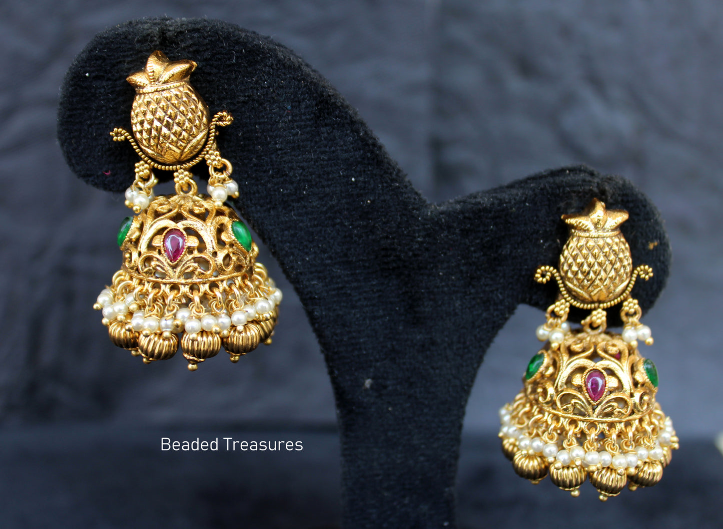 Antique Gold Jhumka Earrings with Kemp, Emerald & Pearl - Beaded Treasures