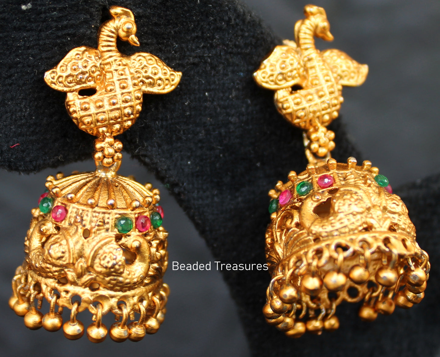 Antique Gold Peacock Jhumka Earrings with Colorful Stones - Beaded Treasures