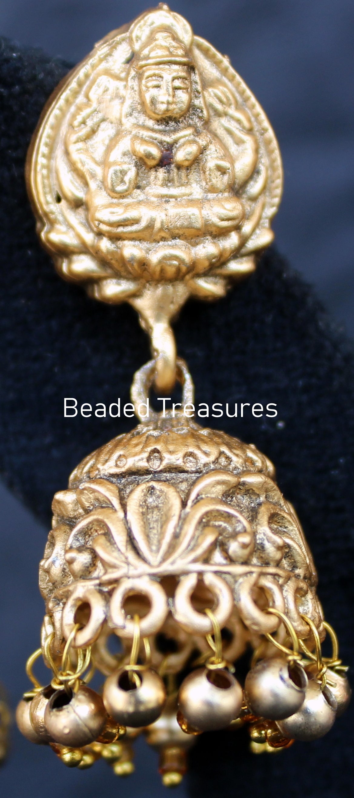 Antique Gold Lakshmi Devi Jhumka Earrings - Beaded Treasures