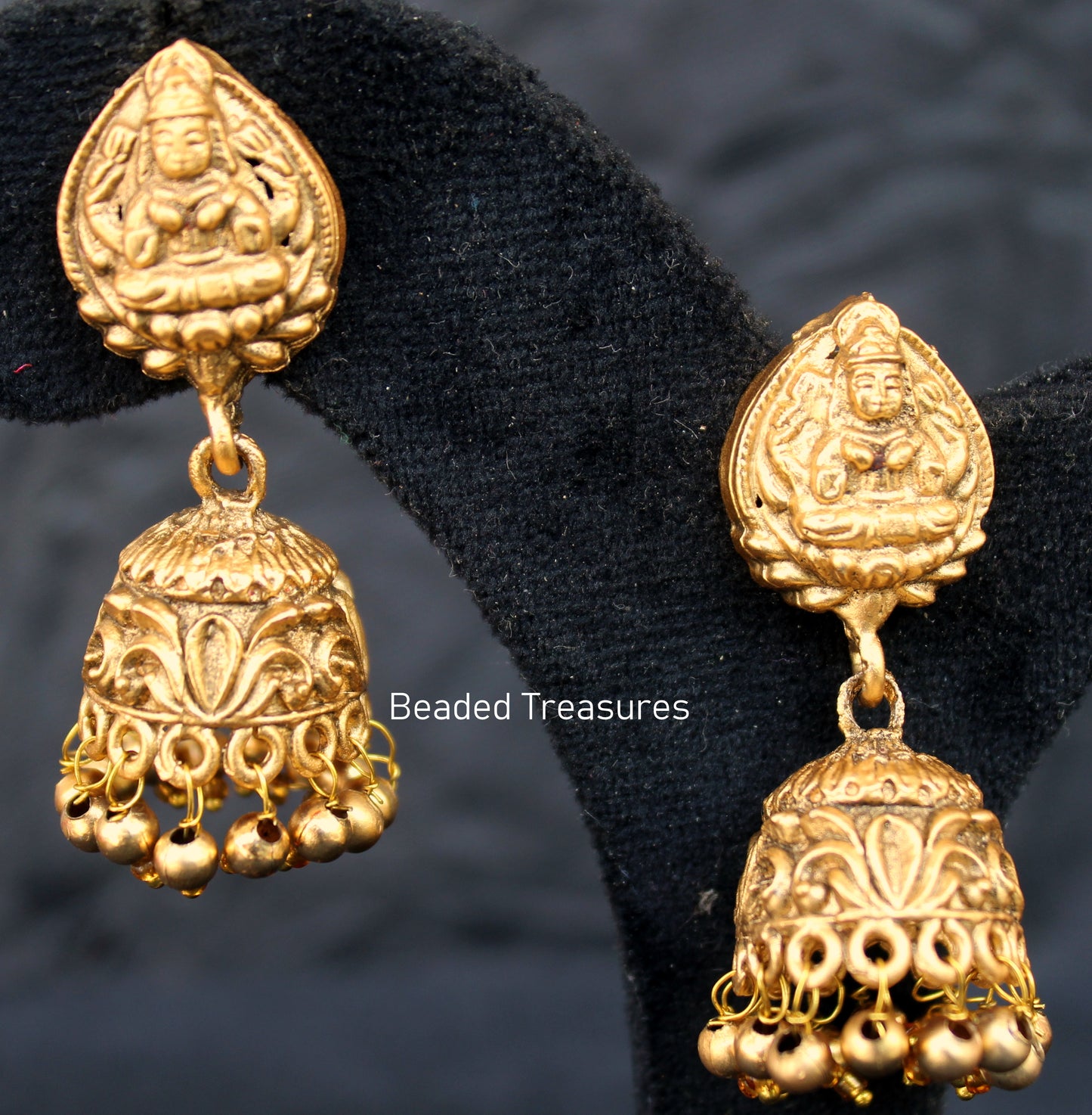 Antique Gold Lakshmi Devi Jhumka Earrings - Beaded Treasures