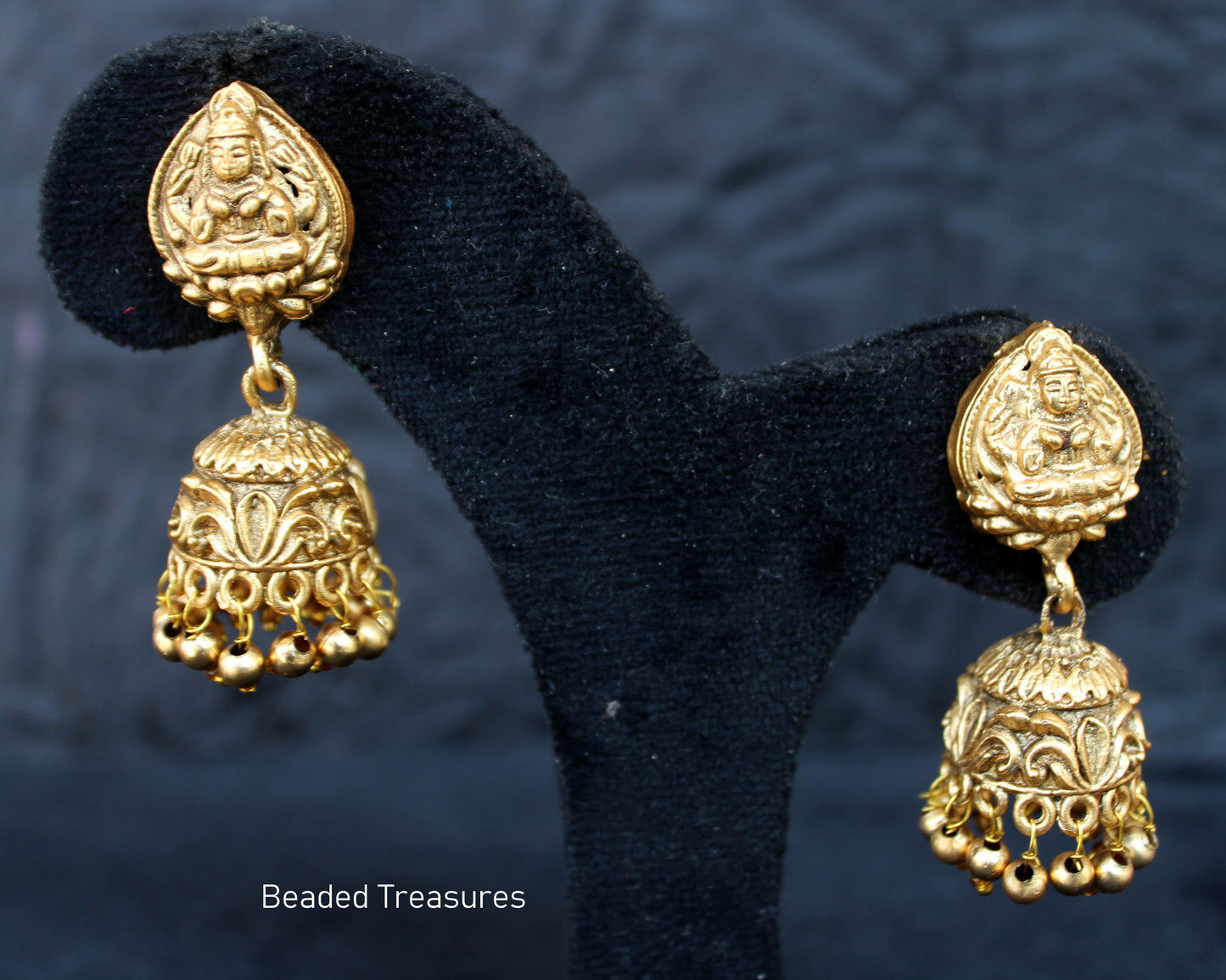Antique Gold Lakshmi Devi Jhumka Earrings - Beaded Treasures