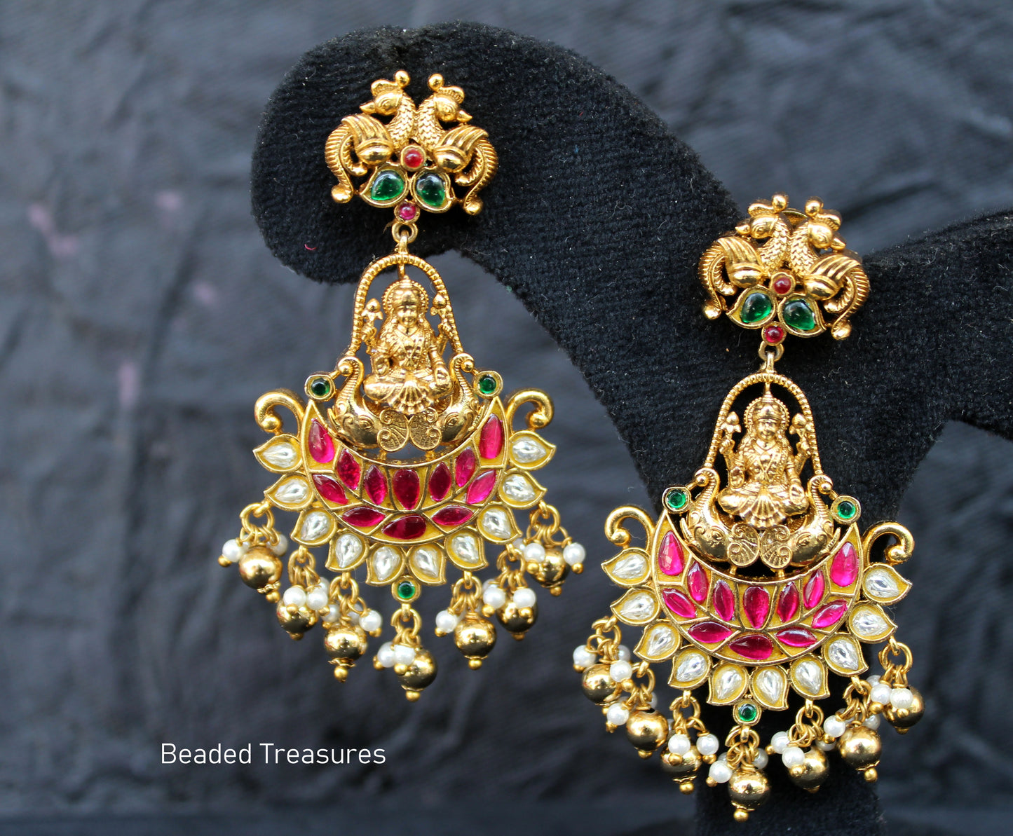 Gaja Lakshmi Antique Gold Earrings with Kemp, Emerald & Pearls - Beaded Treasures