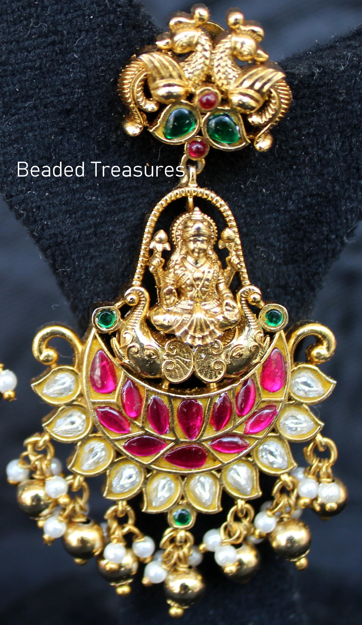 Gaja Lakshmi Antique Gold Earrings with Kemp, Emerald & Pearls - Beaded Treasures