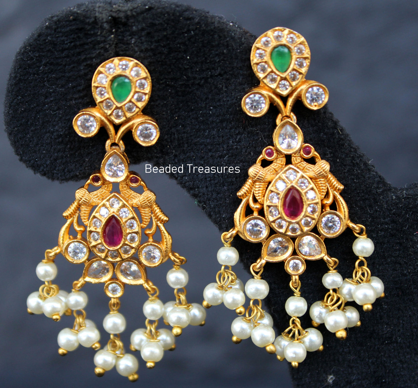 Premium Gold Peacock Earrings with Kemp, Emerald & Pearls - Beaded Treasures