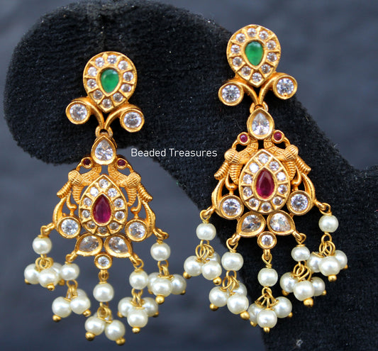 Premium Gold Peacock Earrings with Kemp, Emerald & Pearls - Beaded Treasures