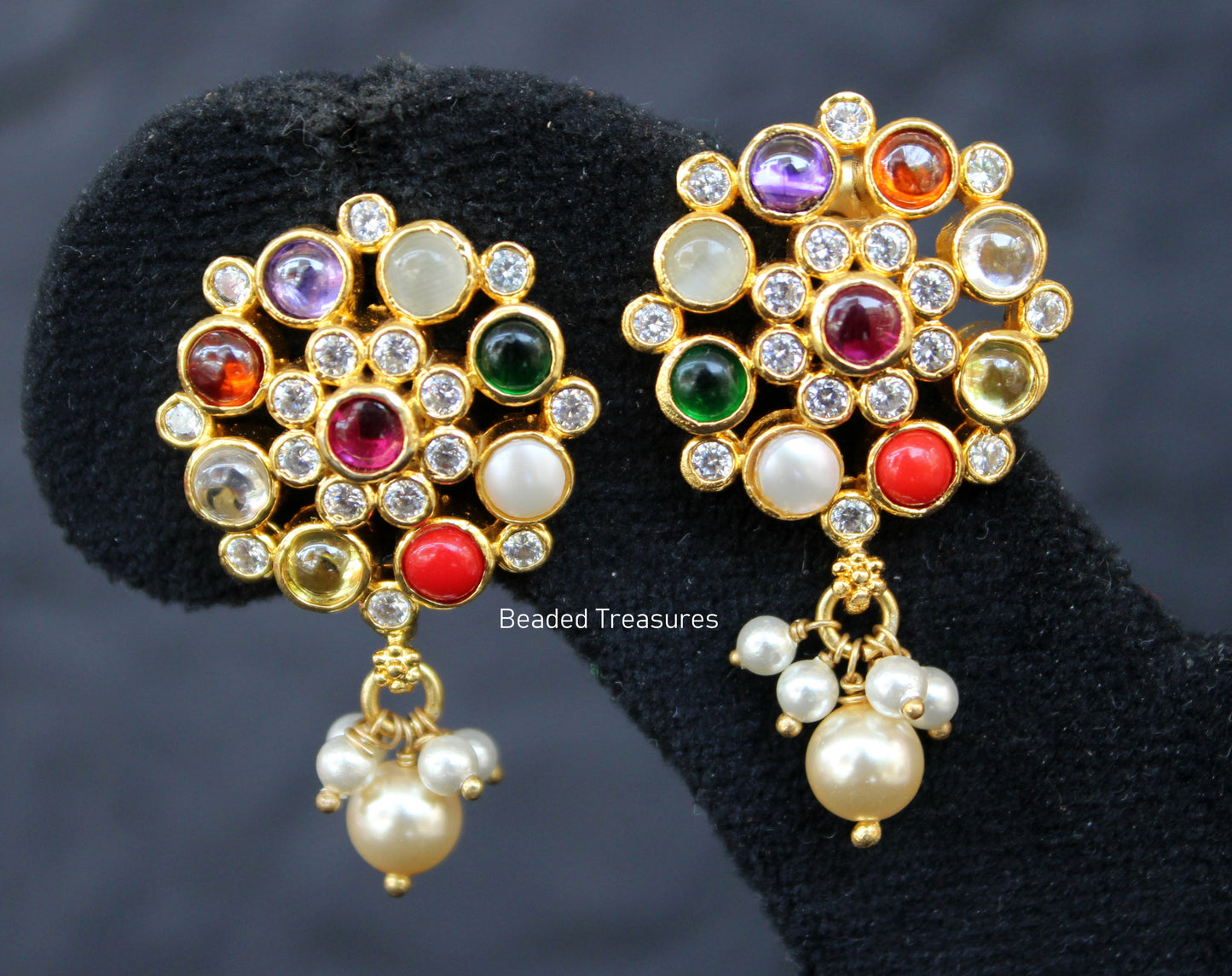 Gold-Toned Multi-Gemstone Earrings with Pearl Drops - Beaded Treasures