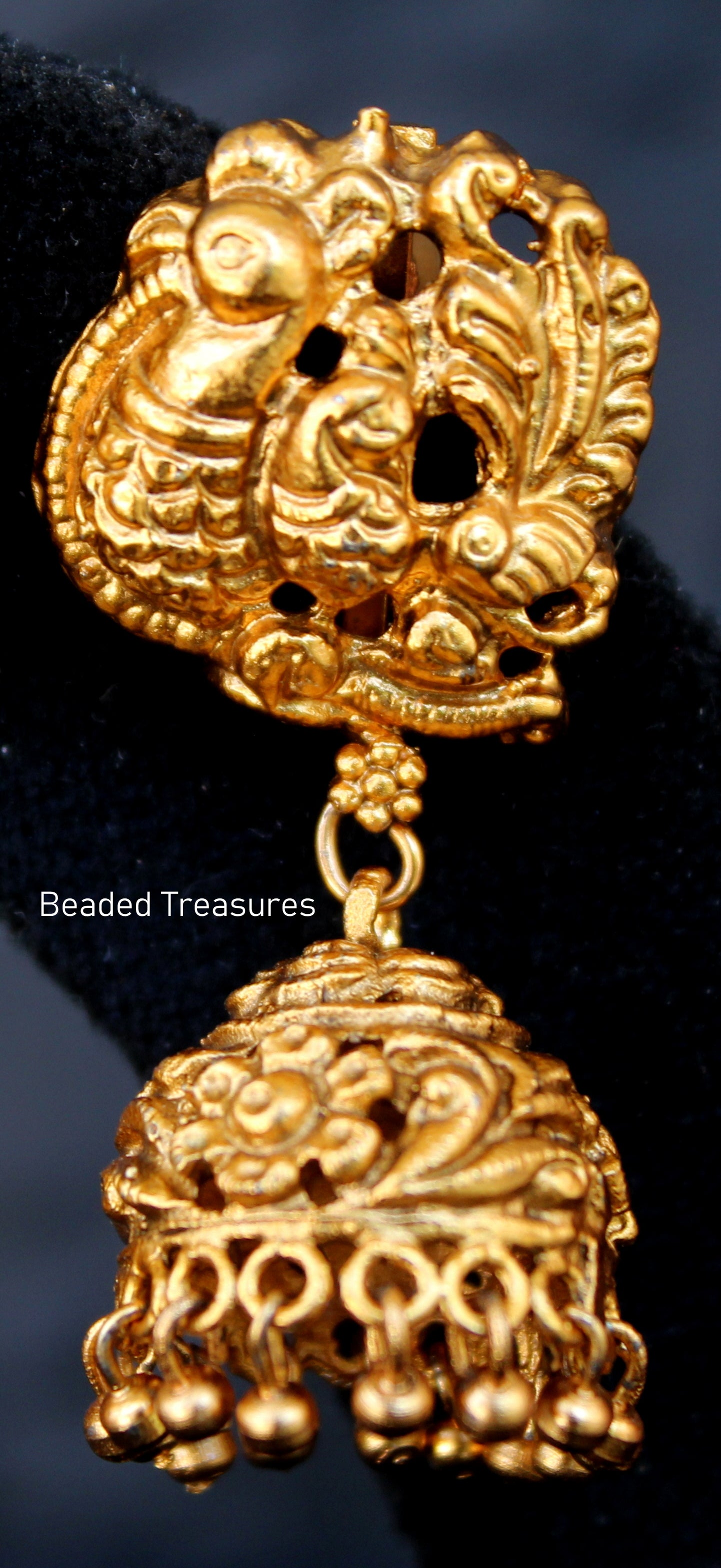 Antique Gold Peacock Jhumka Earrings - Beaded Treasures