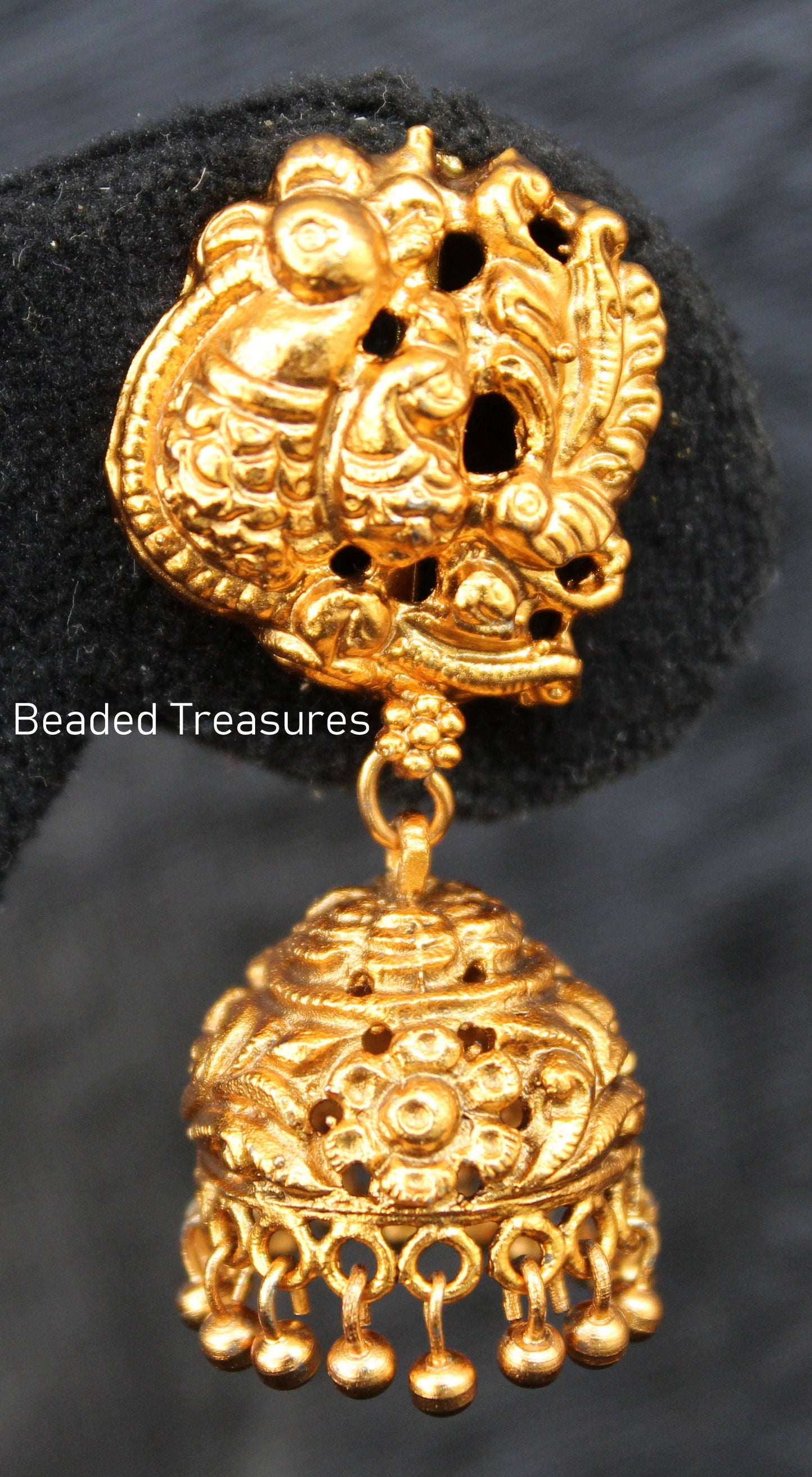 Antique Gold Peacock Jhumka Earrings - Beaded Treasures