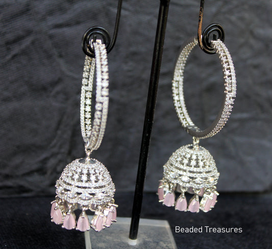 Elegant CZ Hoop Jhumka Earrings with Pink Drops - Beaded Treasures
